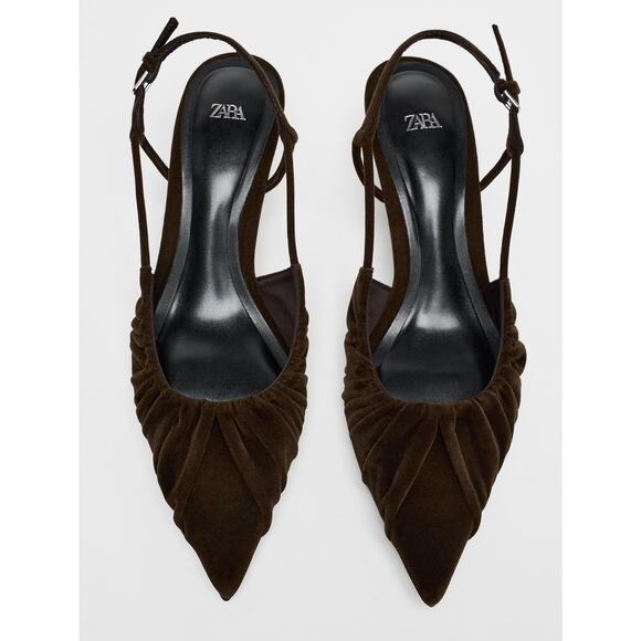 ZARA Velvet Slingback Kitten Heels NWT – Brown Ruched Pointed Toe, Size 7.5 - Picture 16 of 16